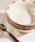 Set of 4 Olivia Scalloped Cereal Bowls, Raspberry Filet, with Burgundy Cutlery