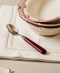Set of 4 Olivia Scalloped Cereal Bowls, Raspberry Filet, with Burgundy Cutlery
