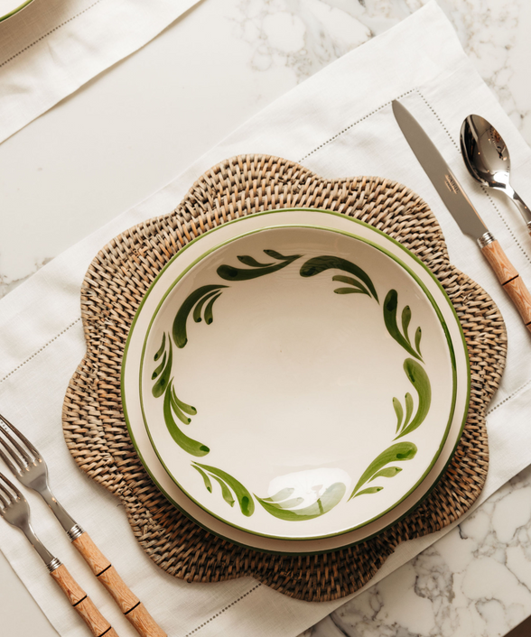 Rattan Scalloped Placemat, Taupe, with Celia Pasta Bowl