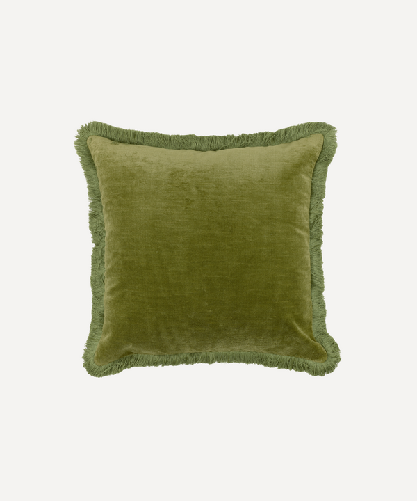 Rebecca Udall Lola Brushed Fringe Linen Velvet Square Cushion, Moss