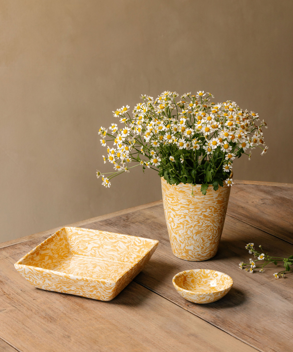 Aptware Marble Ceramic Vase, Mustard Yellow, with Ceramic Dish and Vide Poche