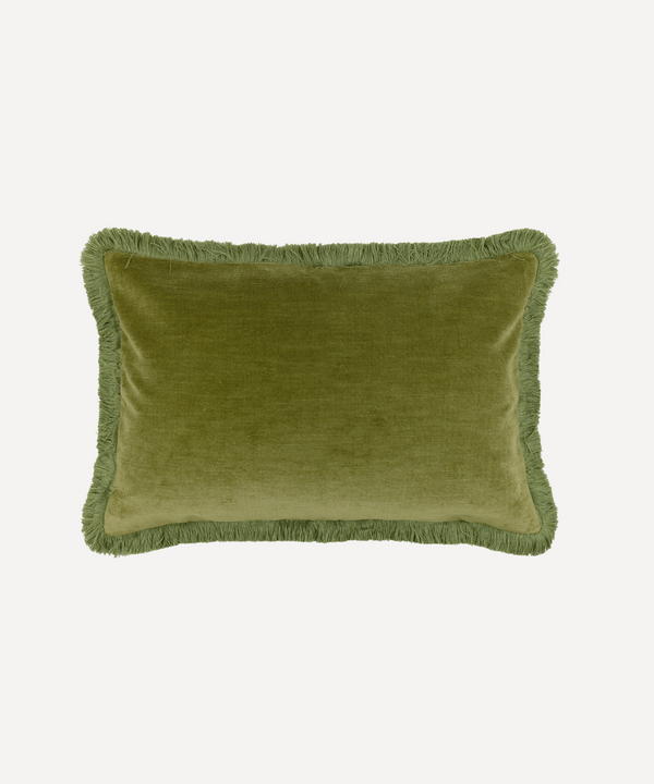 Rebecca Udall Lola Brushed Fringe Linen Velvet Cushion, Classic Rectangular, Moss, White background