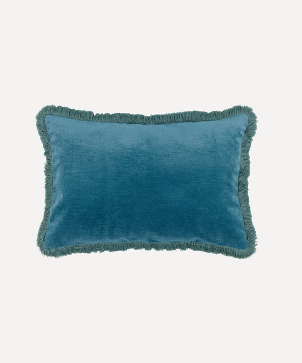 Rebecca Udall Lola Brushed Fringe Linen Velvet Cushion, Classic Rectangular, Denim Blue, White background