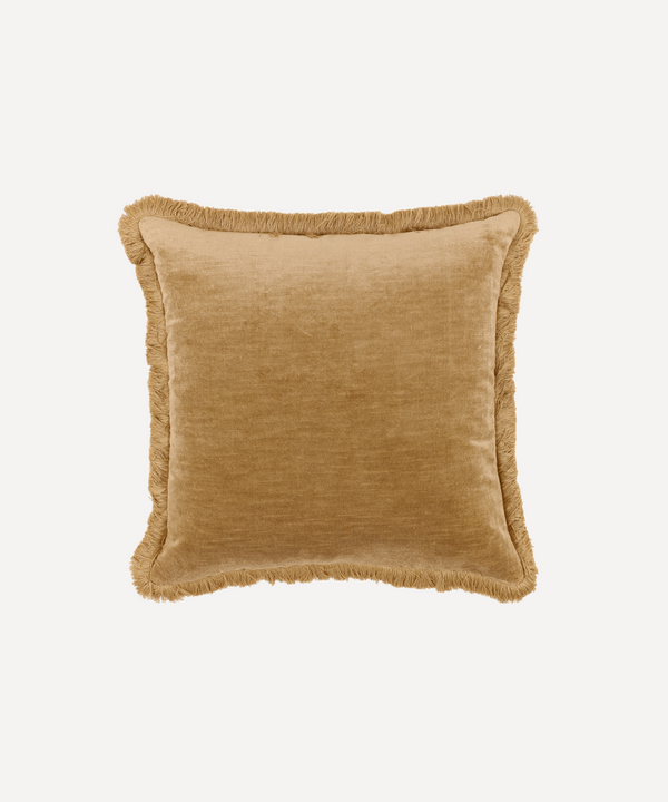 Lola Brushed Fringe Linen Velvet Square Cushion, Nougat