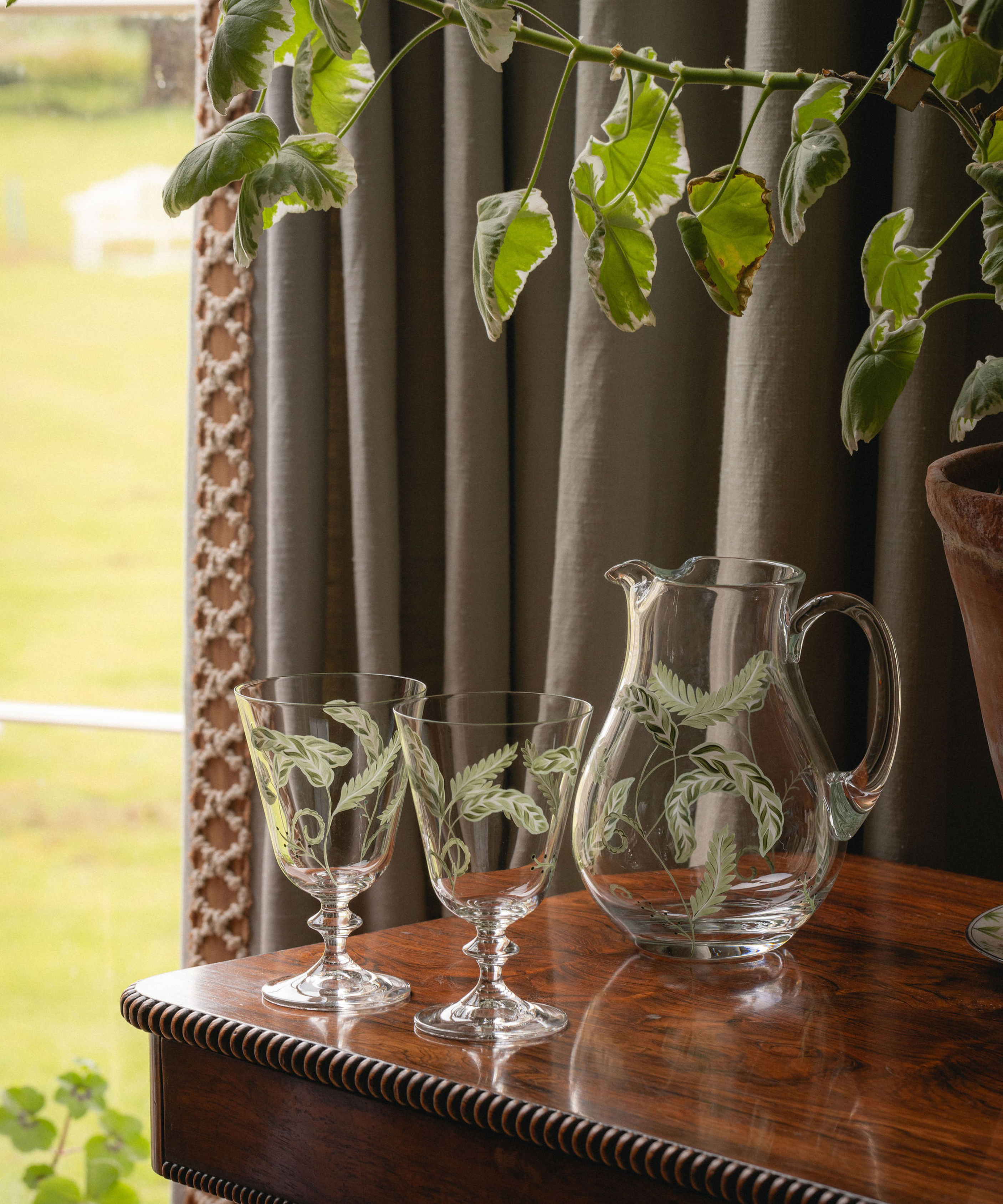 Prairie Handpainted Jug, with Handpainted Stemmed Glasses