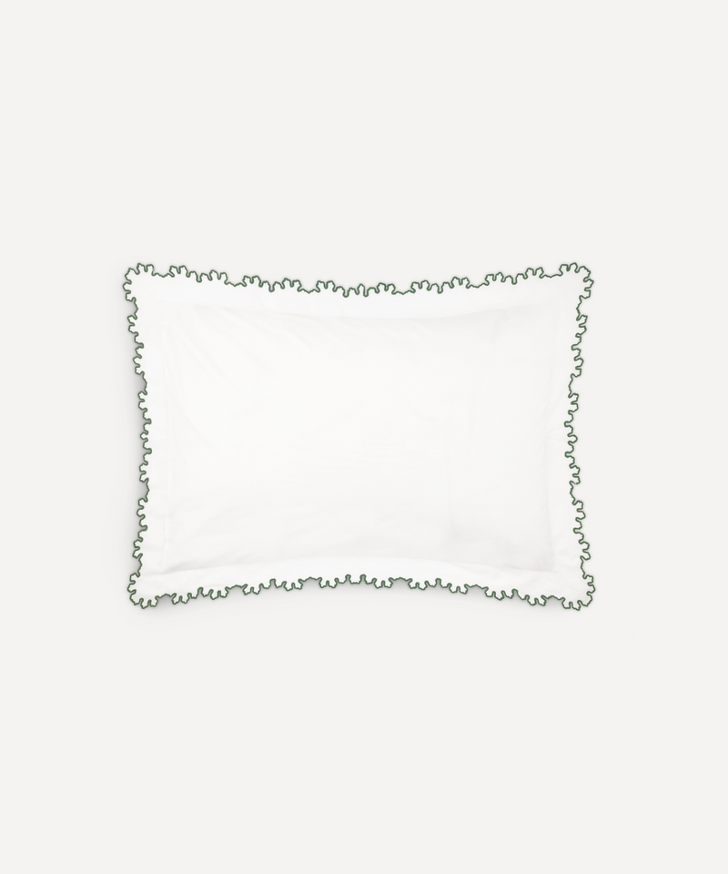 Rebecca Udall, Thea Scalloped Boudoir Pillowcase, Fern Green Trim Edge Detail 