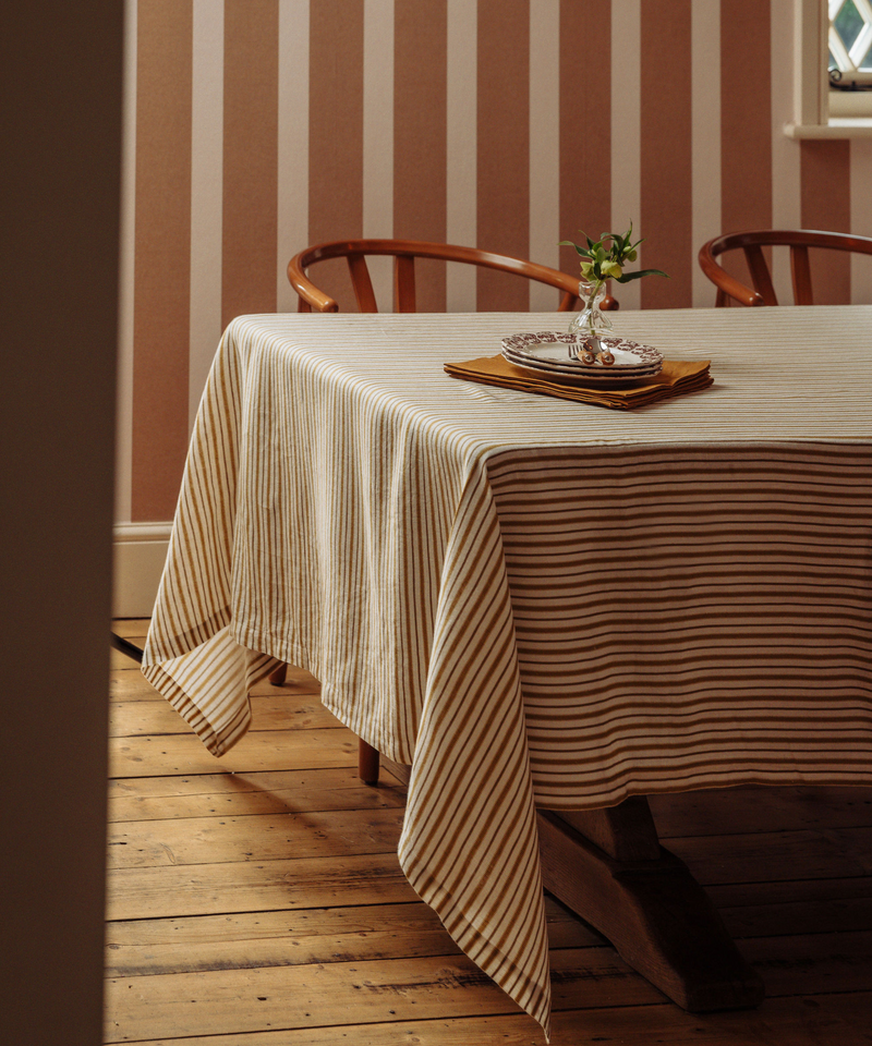 Rebecca Udall Victoria Striped Linen Tablecloth, Burnt Mustard, Lifestyle, with Emily Bud Vase