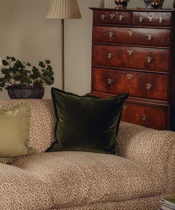 Frances Velvet Cushion, Bottle Green, Lifestyle 