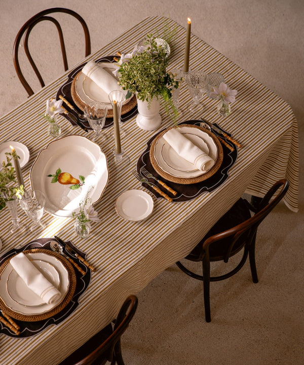 Victoria Striped Linen Tablecloth, Burnt Mustard