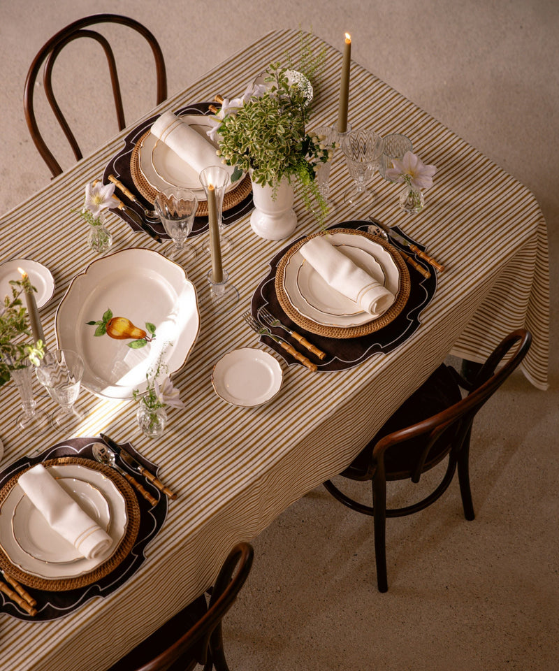 Victoria Striped Linen Tablelcoth, Burnt Mustard