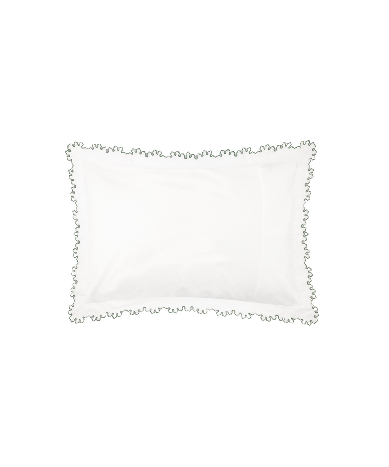 Rebecca Udall, Thea Scalloped Boudoir Pillowcase, White with Fern Green Edge Trim Embroidery 