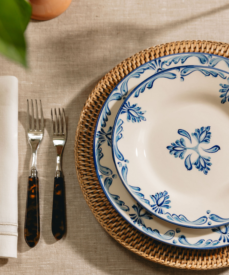 Rebecca Udall Eleanor Dessert Plate, Blue with the Rattan Charger