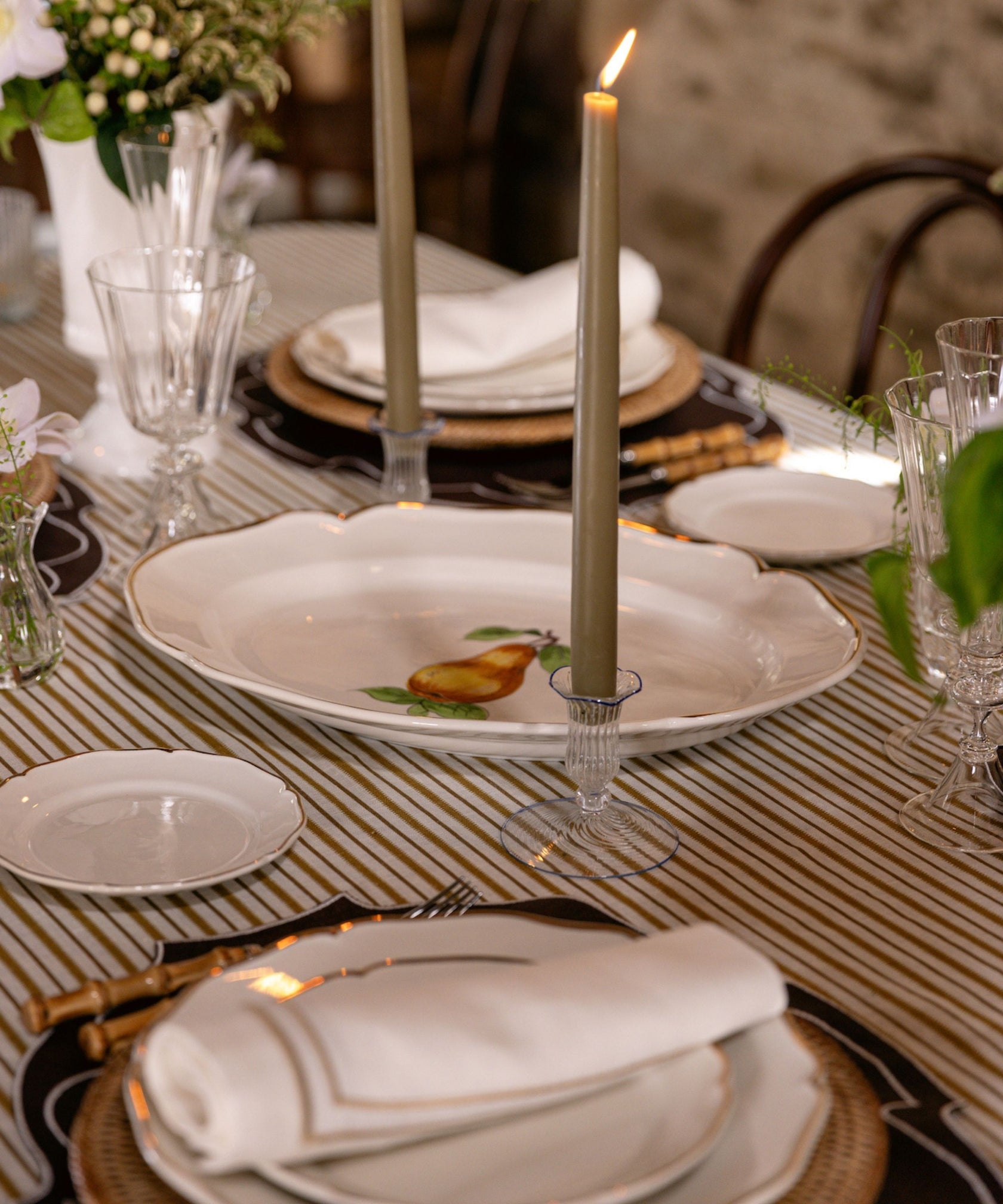 Rebecca Udall Set of 6 35cm Danish Taper Candles, Olive Green with the Victoria Striped Tablecloth