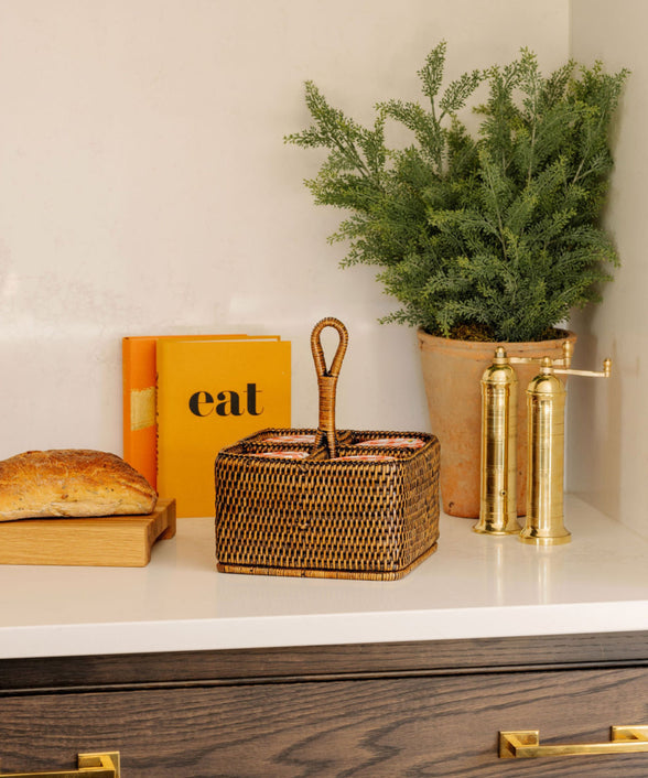 Rebecca Udall Rattan Cutlery and Condiment Carrier, Brown with the Brass Salt and Pepper Mills