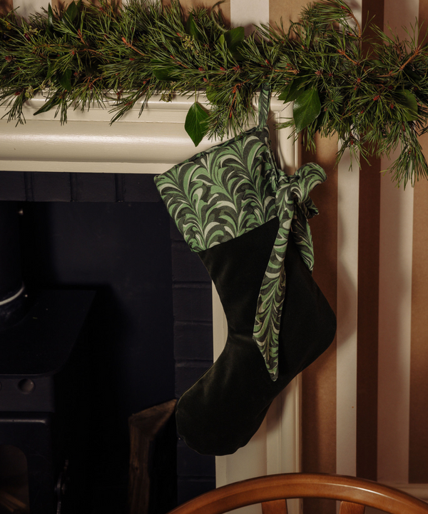 Marble Linen & Velvet Bow Christmas Stocking, Green