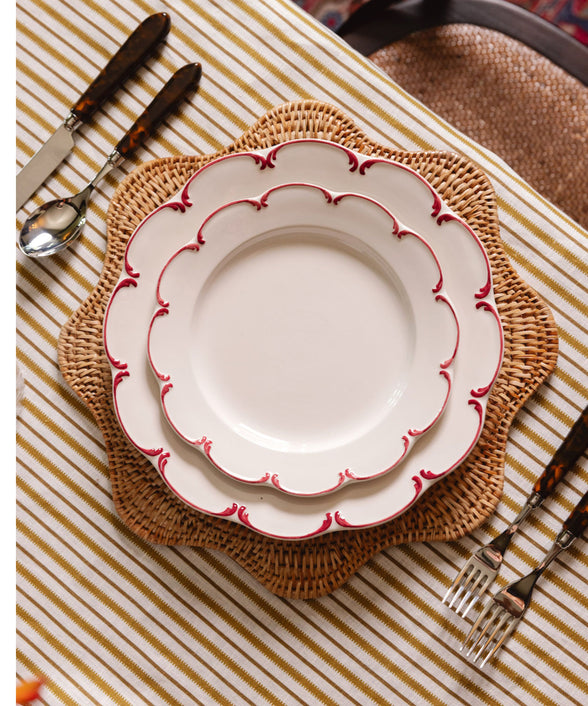 Olivia Scalloped Crockery, Raspberry Filet, with Scalloped Place Mat
