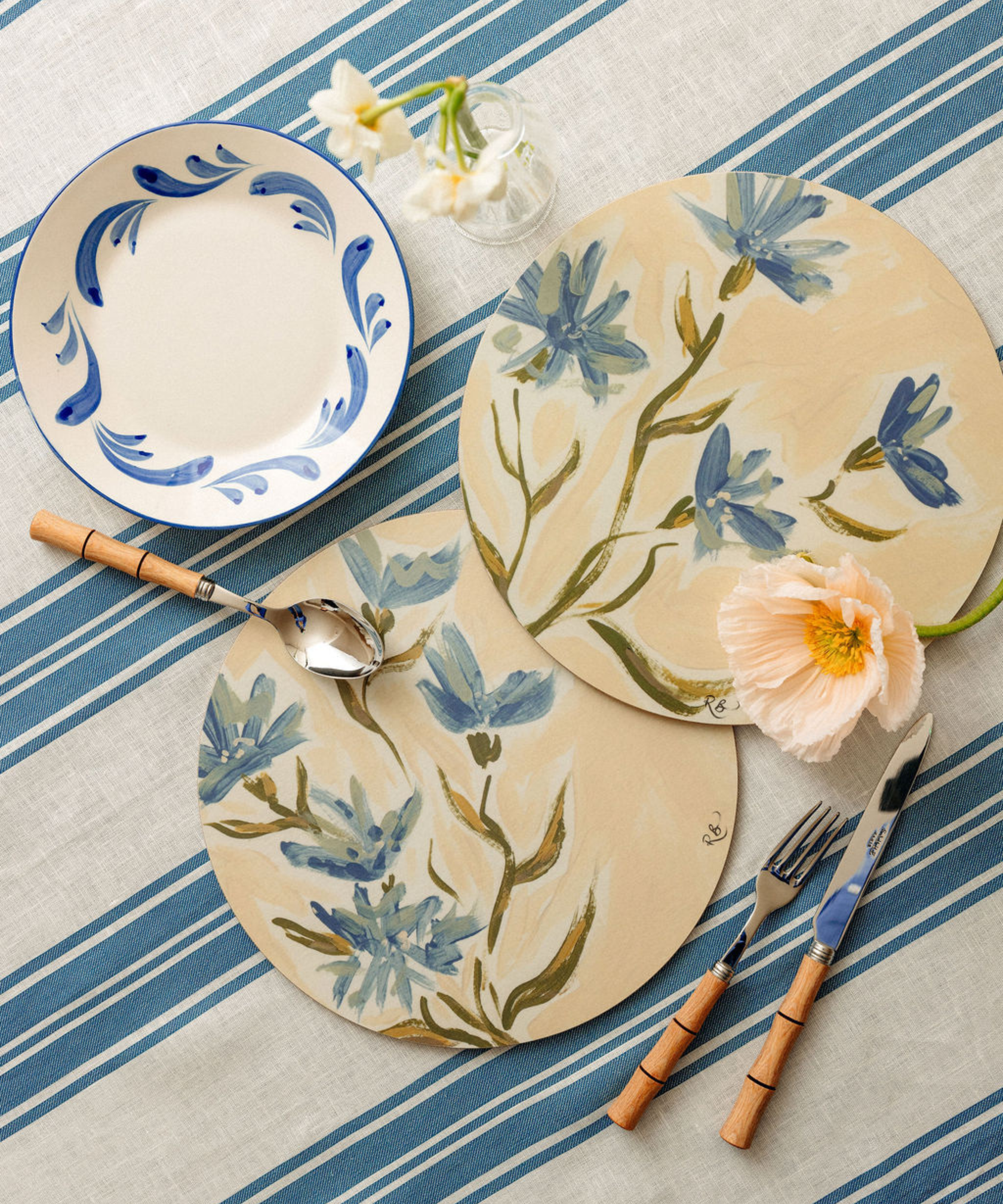 Set of 6 Rachel Bottomley Cornflower Cork Backed Round Placemats, with Celia Crockery