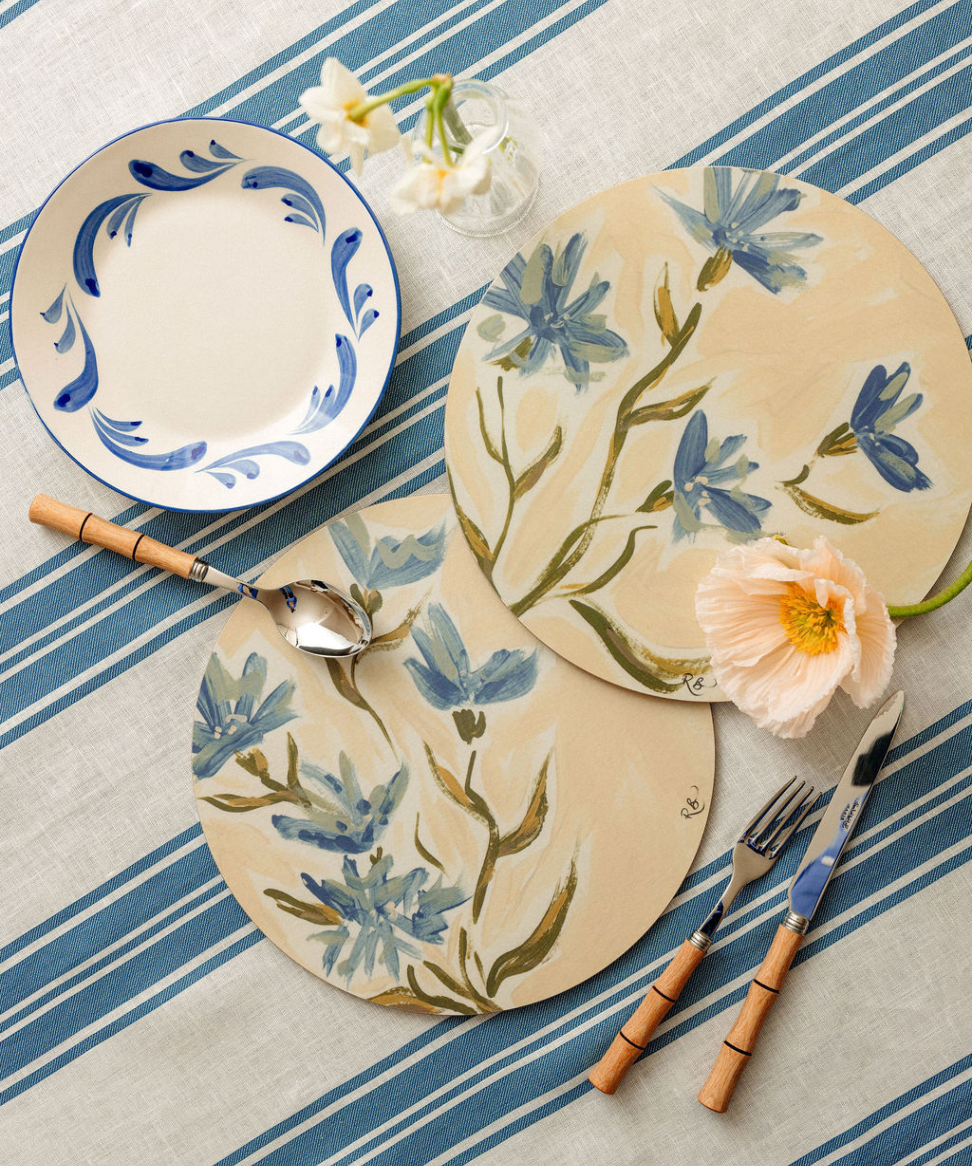 Set of 6 Rachel Bottomley Cornflower Cork Backed Round Placemats, with Celia Crockery