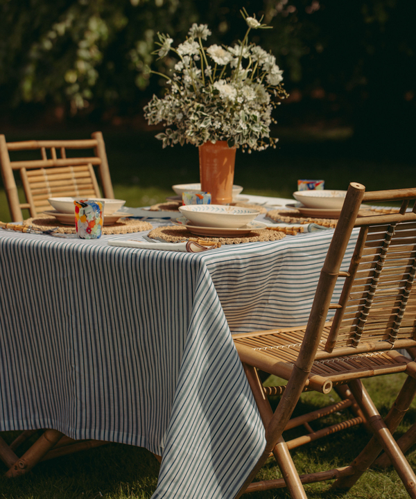 Rebecca Udall Victoria Striped Linen Tablecloth, Blue with the Flora Vase