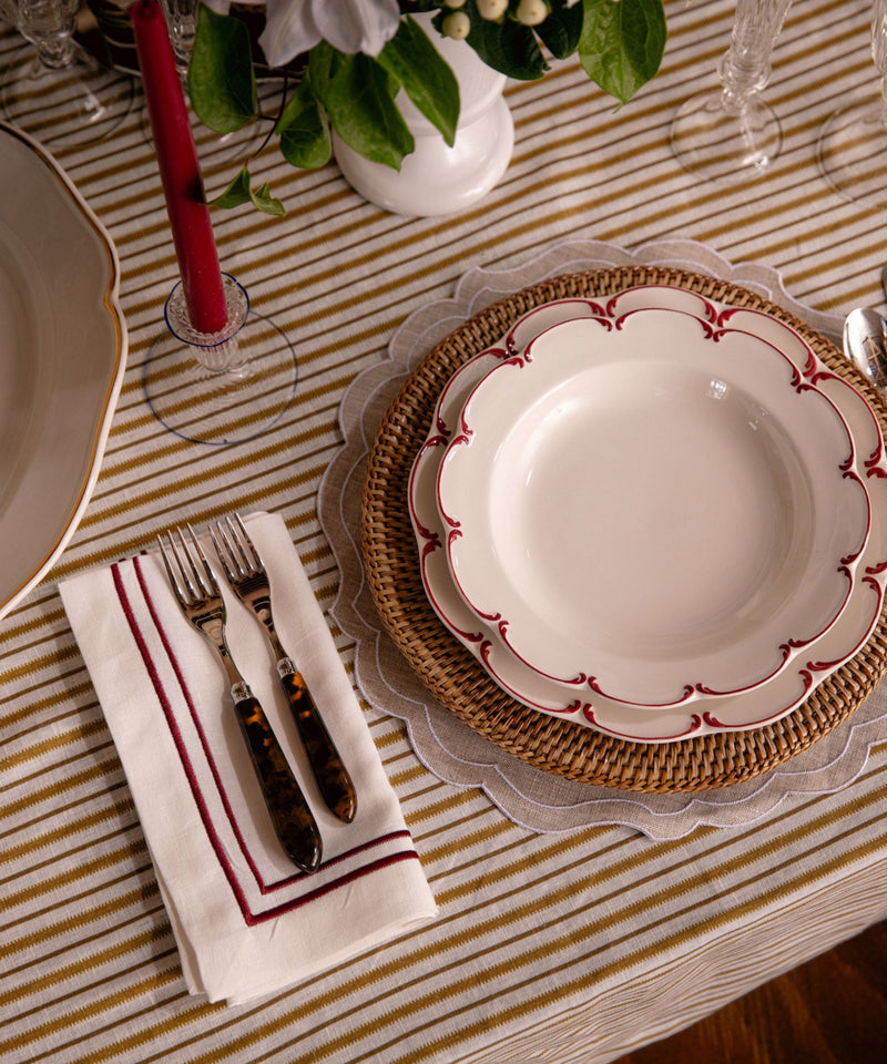 Rebecca Udall Victoria Striped Linen Tablecloth, Burnt Mustard, Lifestyle, with Olivia Plates