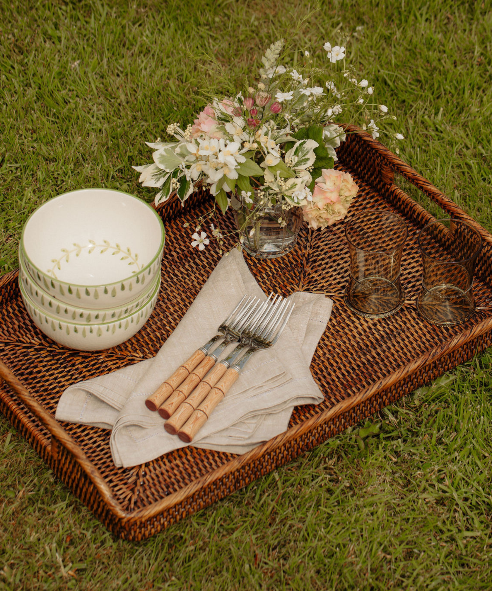 Rebecca Udall, Luxury Classic Handwoven Rattan Wicker Tray with Bamboo Handle Cutlery
