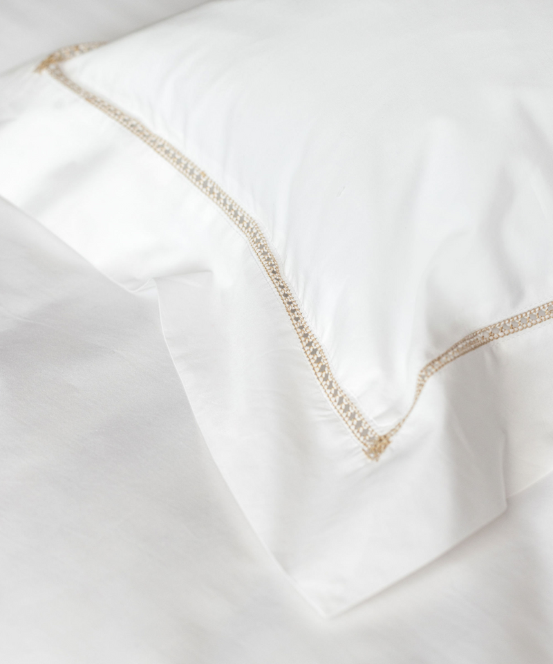 Rebecca Udall Georgiana Ladderstitch Bed Linen, Nougat, Lifestyle Detail of Embroidery