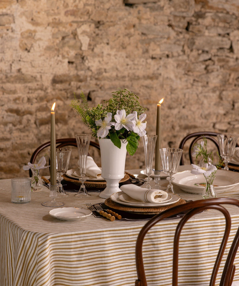 Rebecca Udall Victoria Striped Linen Tablecloth, Burnt Mustard, Lifestyle, with Flora Vase