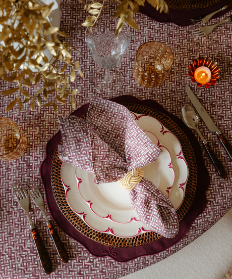 Basketweave Table Linens, Burgundy, with Olivia Crockery