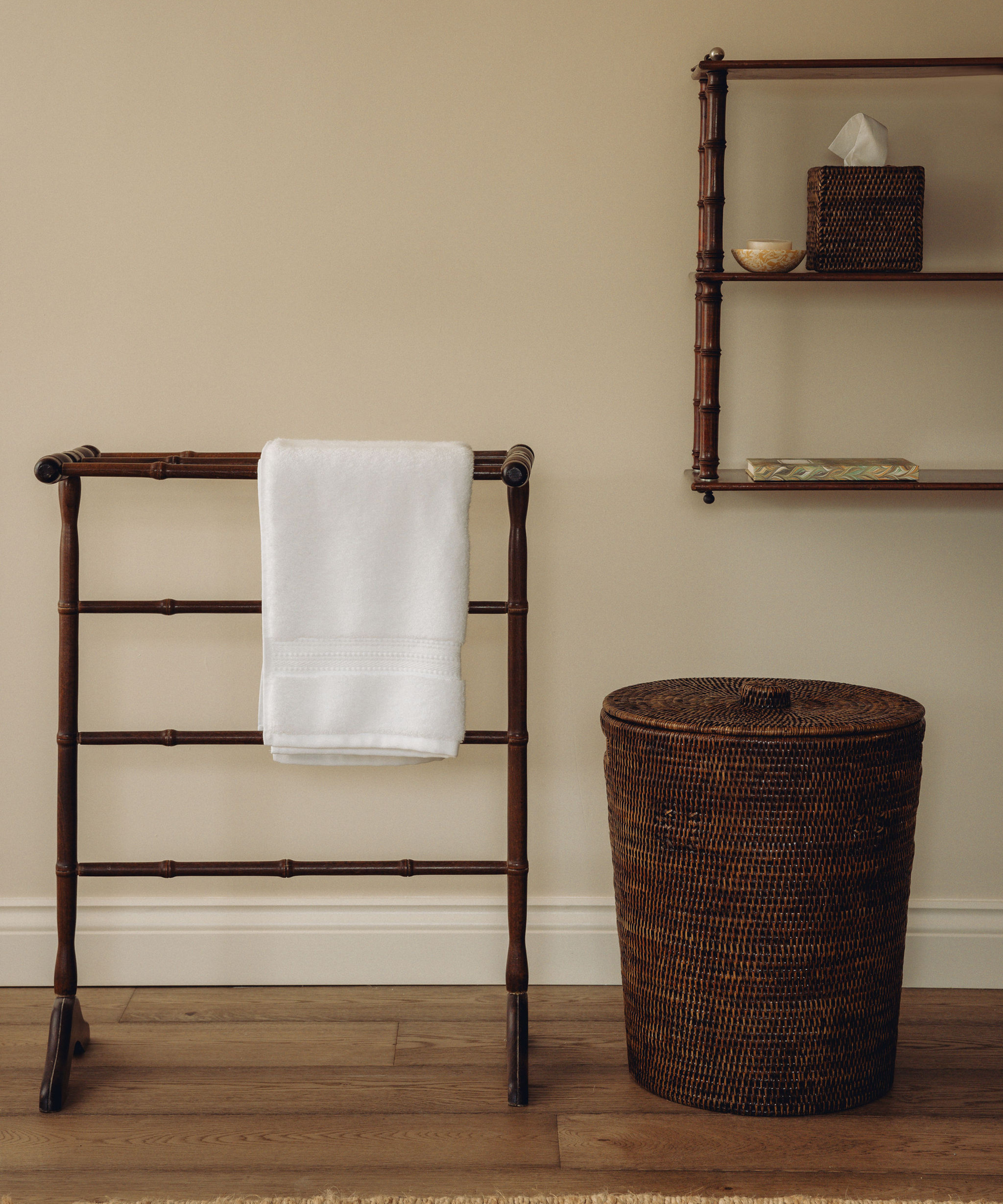 Maria Organic Bath Towel, White, Lifestyle, with Rattan Laundry Basket
