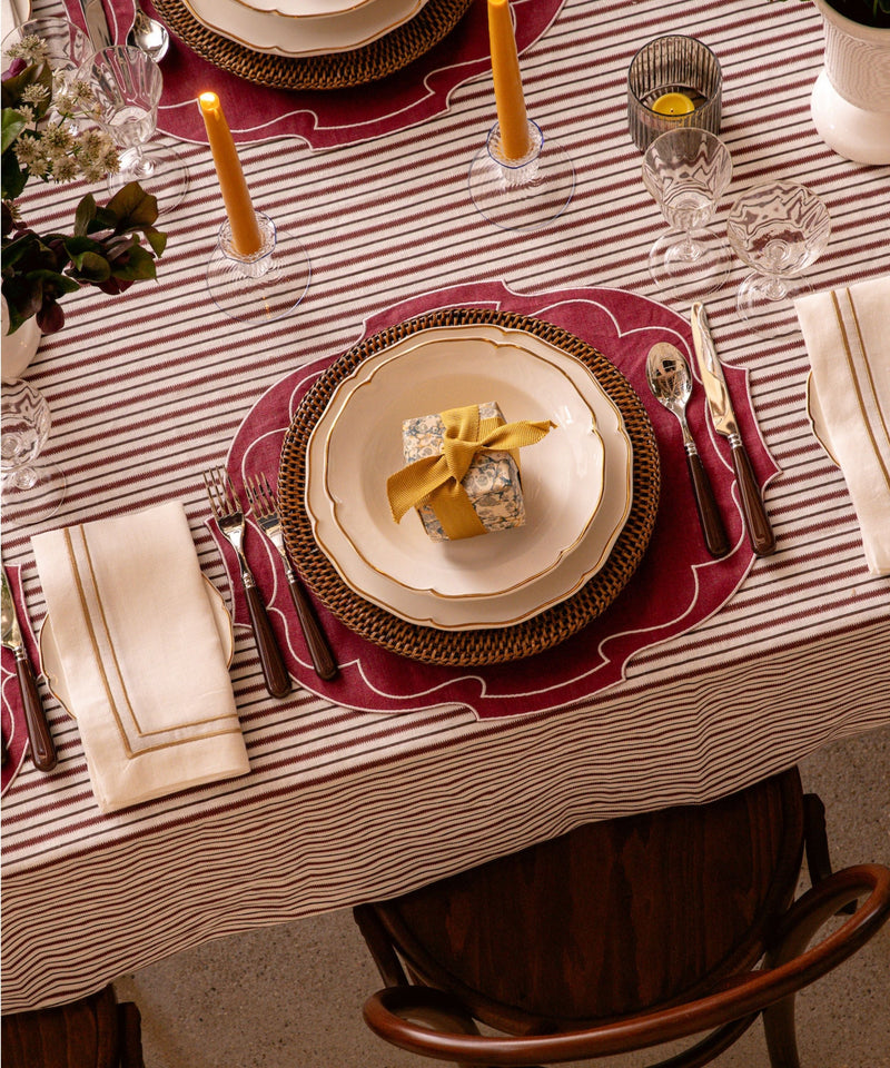 Rebecca Udall, Classic Heritage Italian Victoria Striped Linen Tablecloth Dinner Party, Burgundy