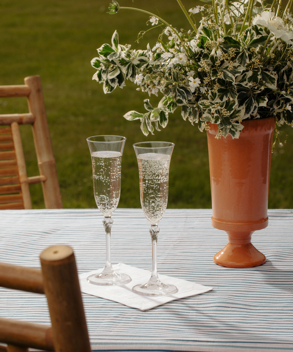 Daphne Optic Crystal Flute Glass, Rebecca Udall with the Flora Ceramic Vase