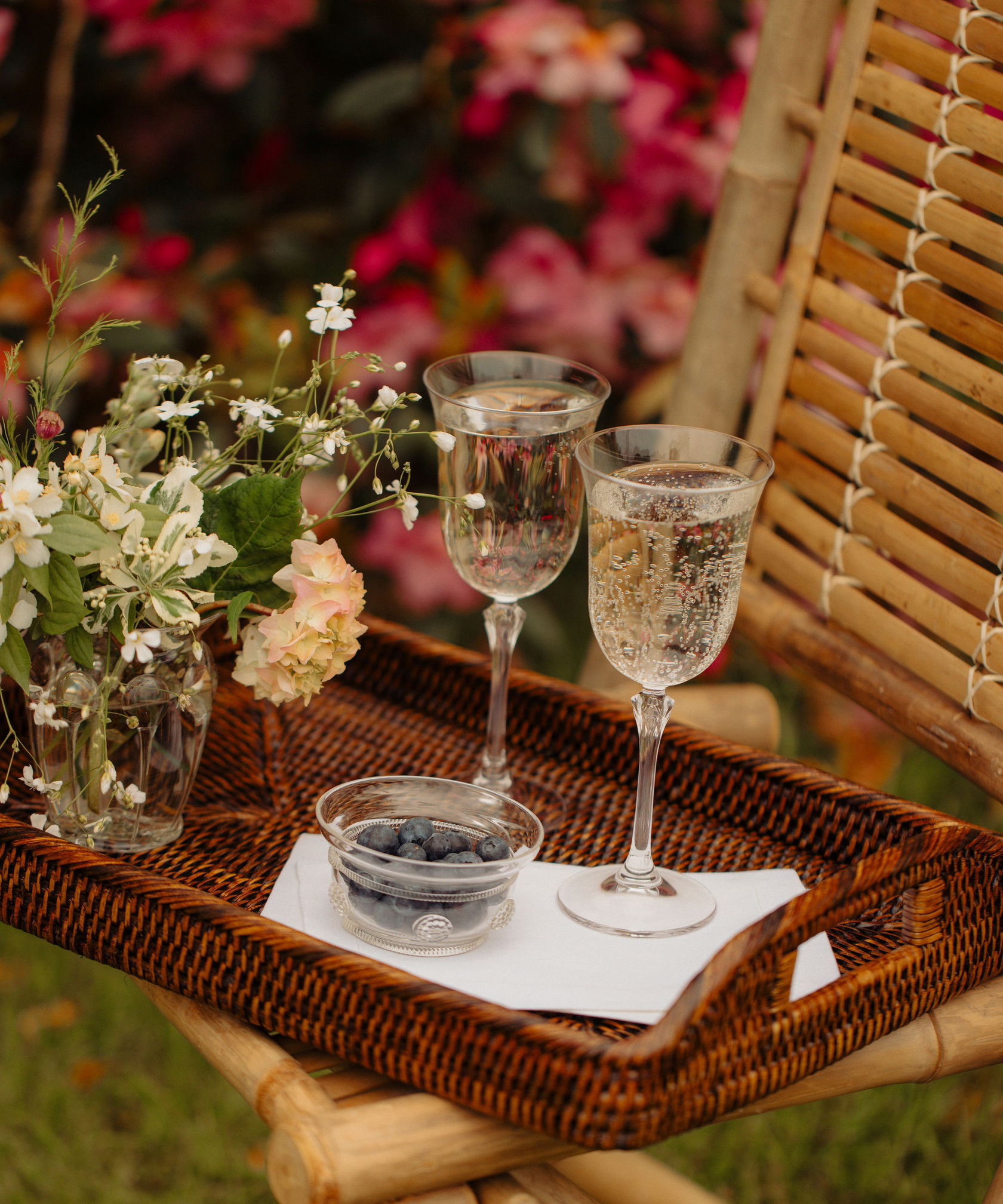 Daphne Optic Crystal Red Wine Glass, Rebecca Udall with the Rattan Serving Tray, Dark Brown