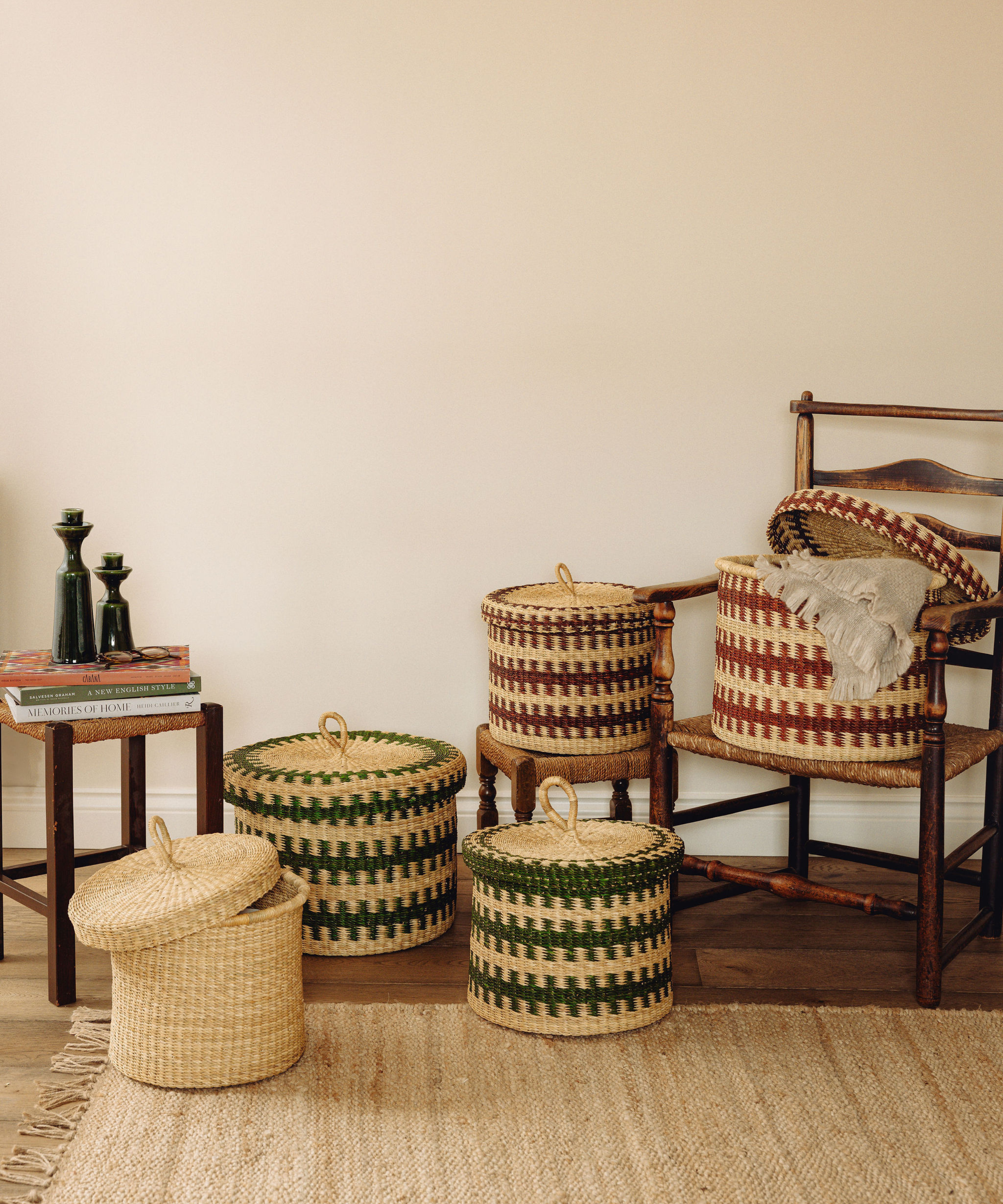 Orla Baskets, Chestnut Brown & Fern Green, Bedroom Lifestyle