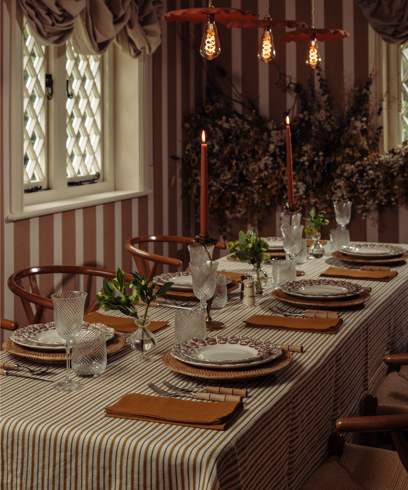 Rebecca Udall Victoria Striped Linen Tablecloth, Burnt Mustard, Lifestyle, Dining Room