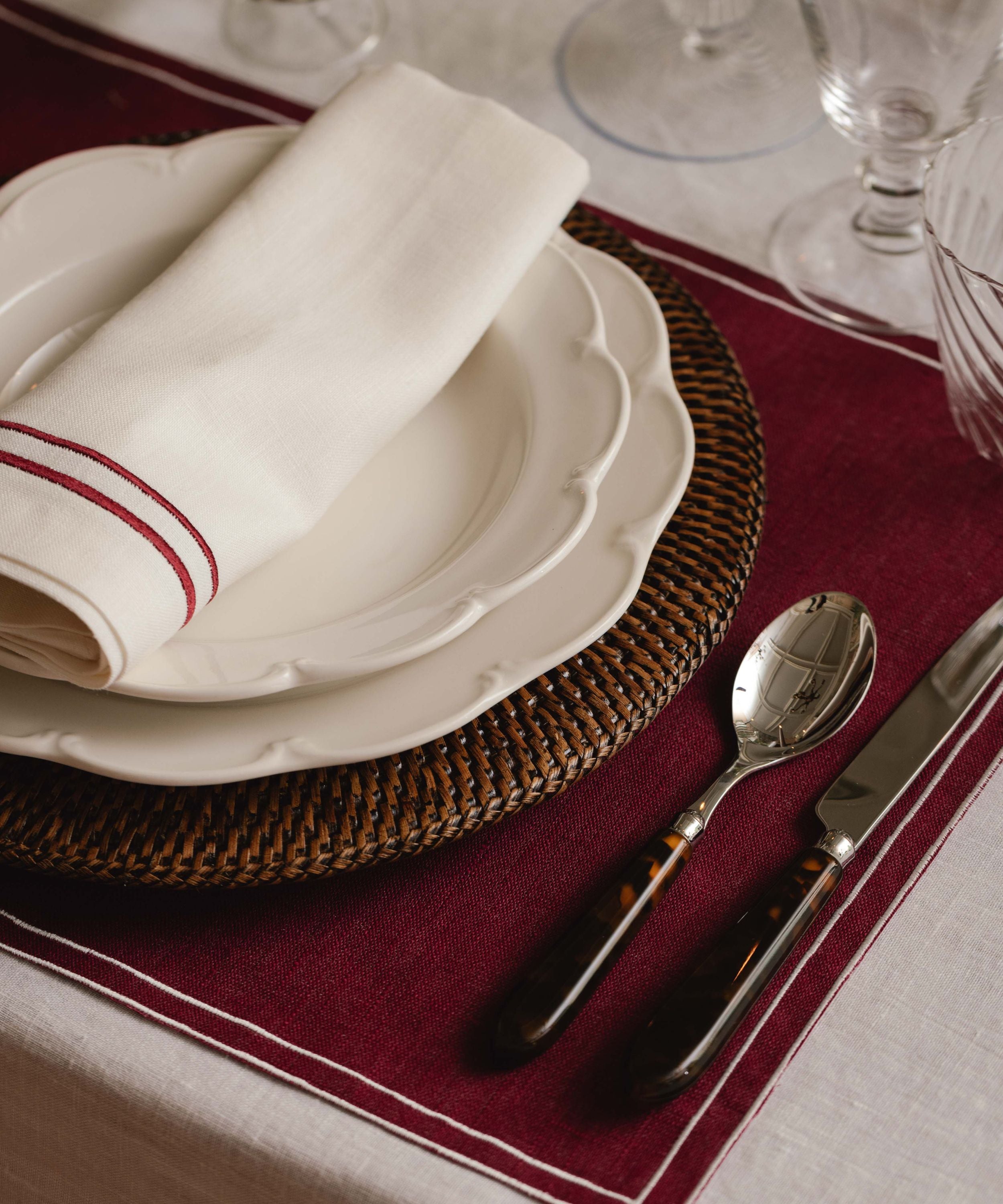 Rebecca Udall Sophie Classic Two Cord Napkin, Burgundy with the Rattan Charger
