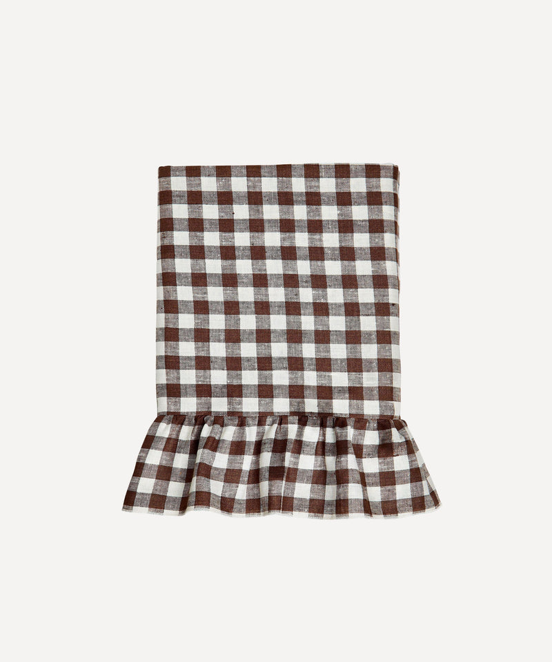 Rebecca Udall Ruffle frill linen tablecloth chocolate brown gingham check