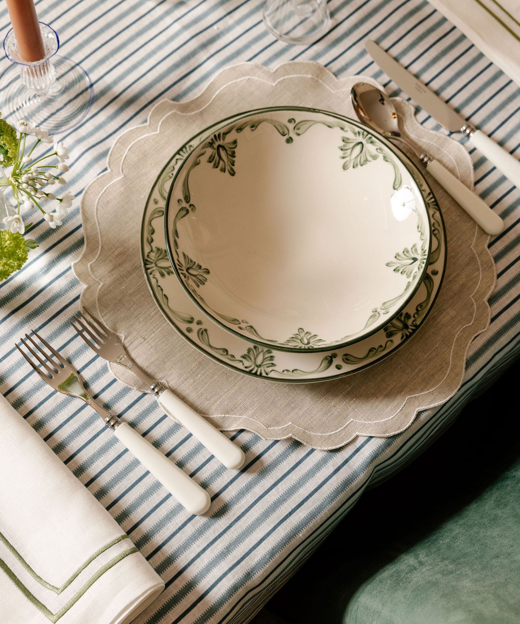 Rebecca Udall Victoria Striped Linen Tablecloth, Blue with Eleanor Crockery