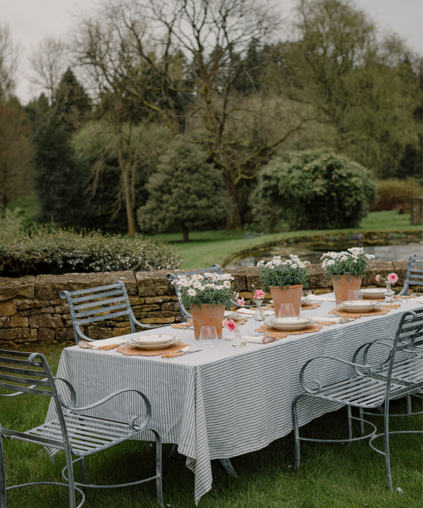 Victoria Striped Linen Tablecloth, Chalk & Moss Green