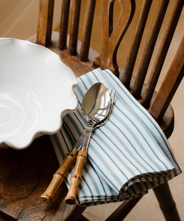 Rebecca Udall Victoria Striped Linen Napkin Blue with Bamboo Cutlery