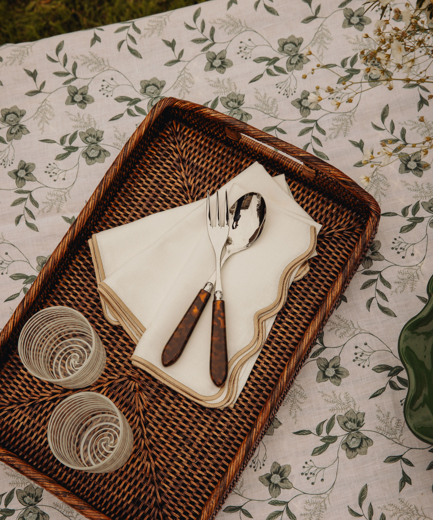 Rebecca Udall, Luxury Classic Handwoven Rattan Wicker Tray with Classic Cutlery, Tortoiseshell