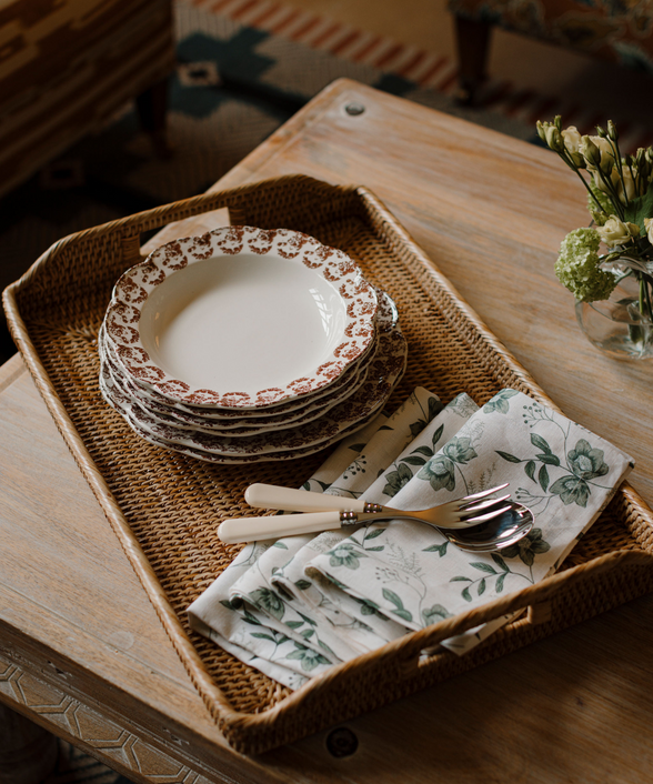 Rebecca Udall, Rattan Wicker Serving Tray, with the Classic Cutlery Set