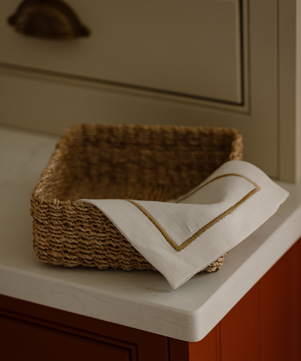 Rebecca Udall Set of 4 Sophie One Cord Cocktail Napkins, Antique Gold with the Abaca Storage Basket