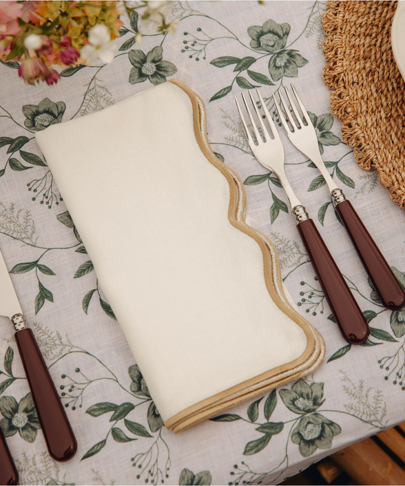 Rebecca Udall Scalloped Wavy Linen Napkin, Taupe with the Classic Cutlery Set, Chocolate