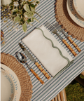 Rebecca Udall Scalloped Linen Napkin, Artichoke with the Victoria Striped Tablecloth