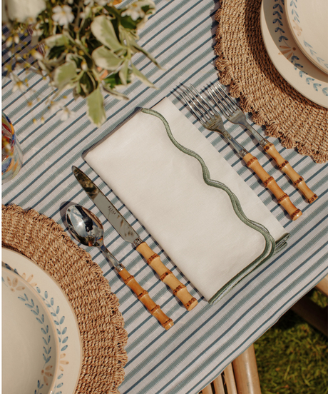 Rebecca Udall Scalloped Linen Napkin, Artichoke with the Victoria Striped Tablecloth