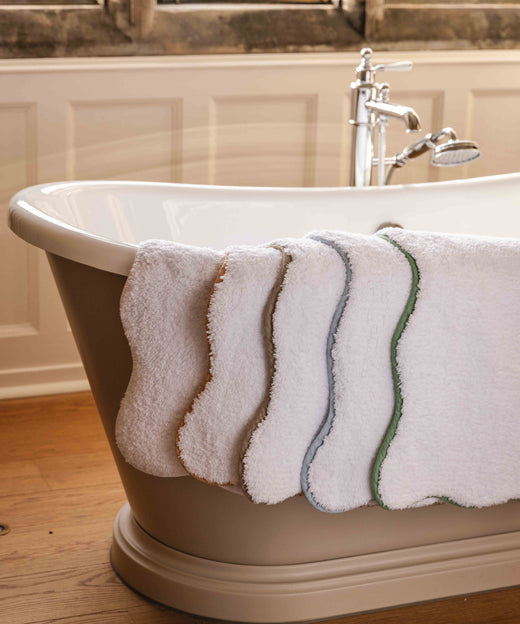 Rebecca Udall Luxury Cotton Scalloped Wavy Piped Edge Bath Mat, White with Coloured Trim