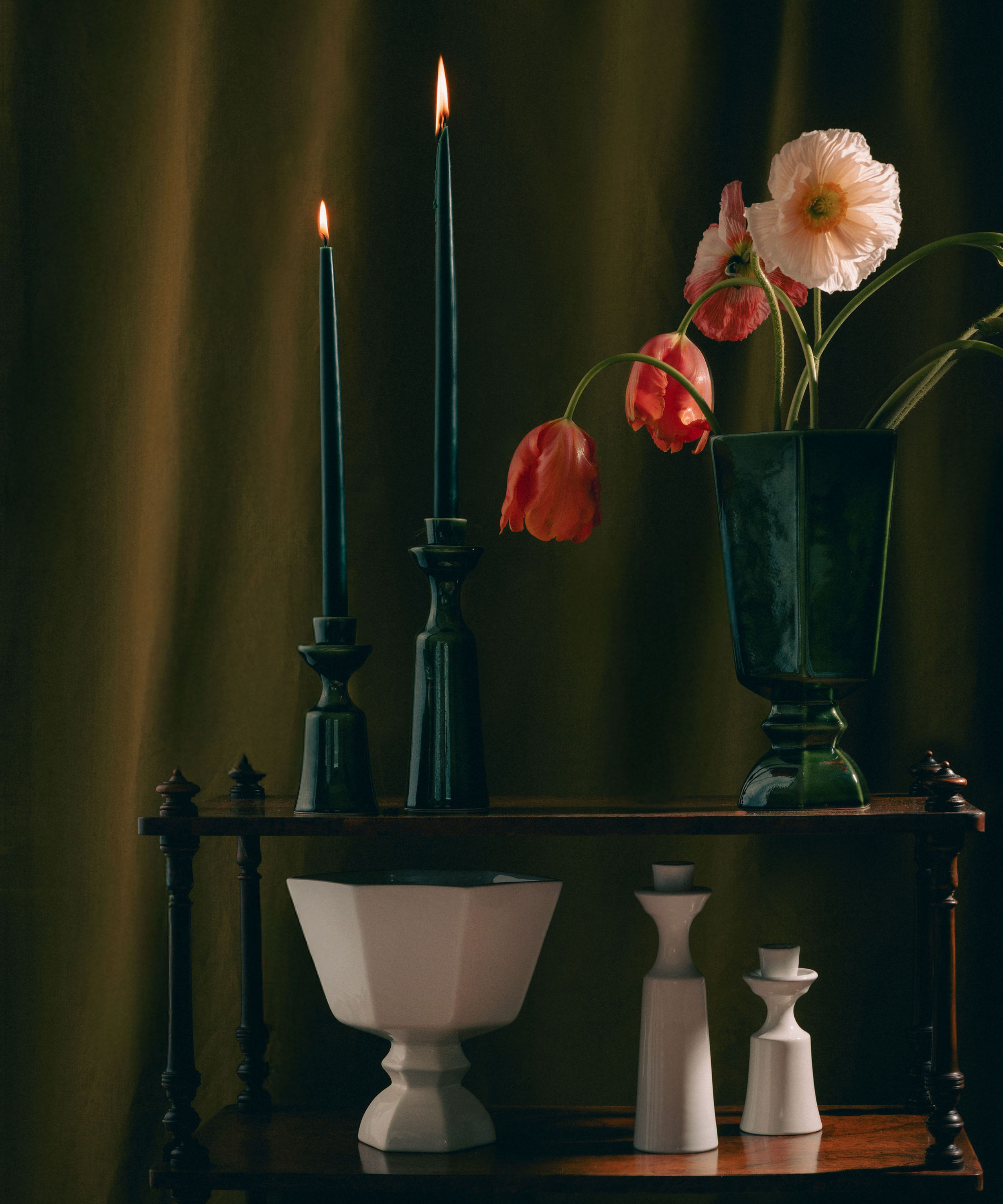 Alma Tall Candlestick, Green, with Vera and Harriet Urns