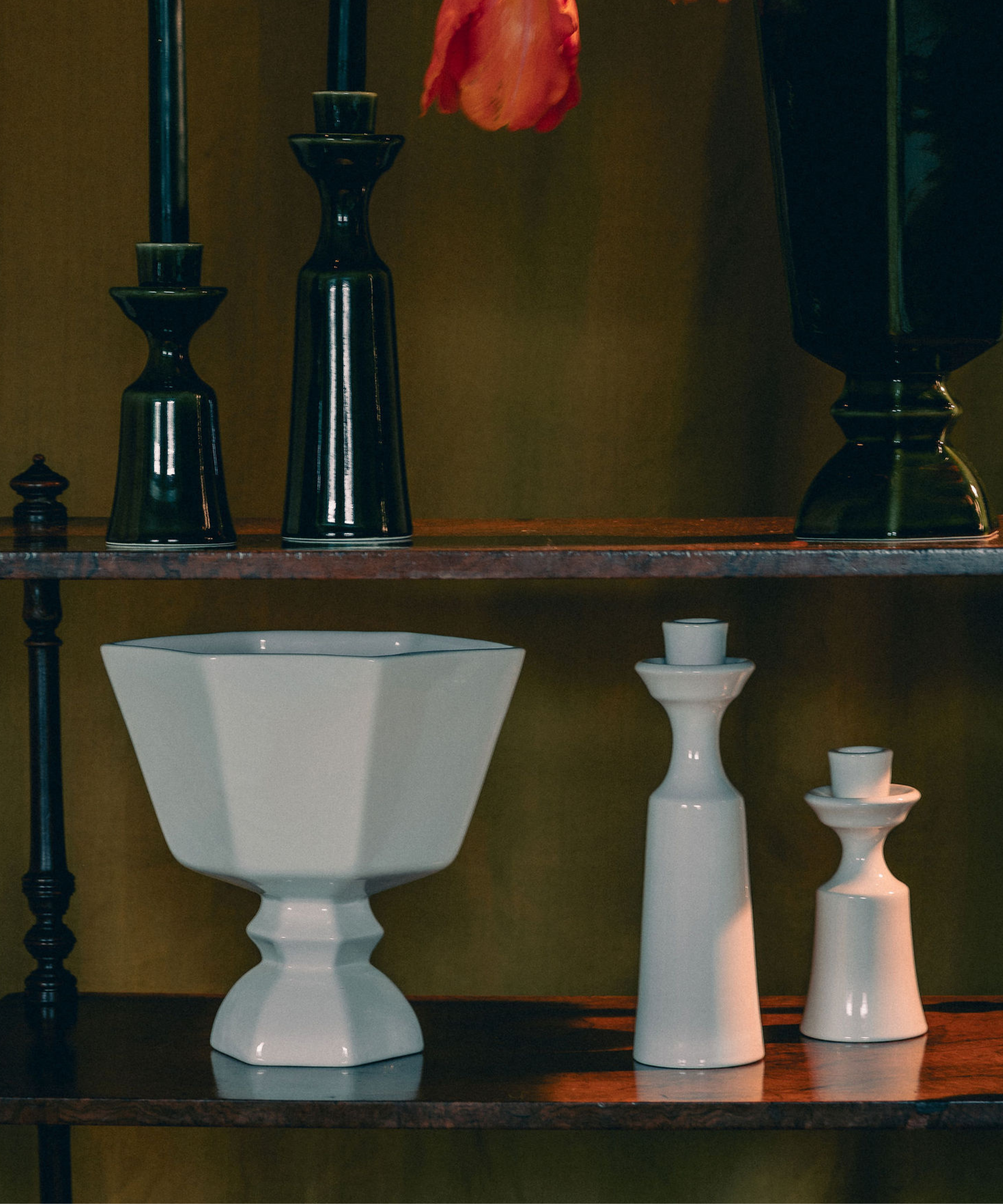 Vera Urn, White, Lifestyle, with Candlesticks
