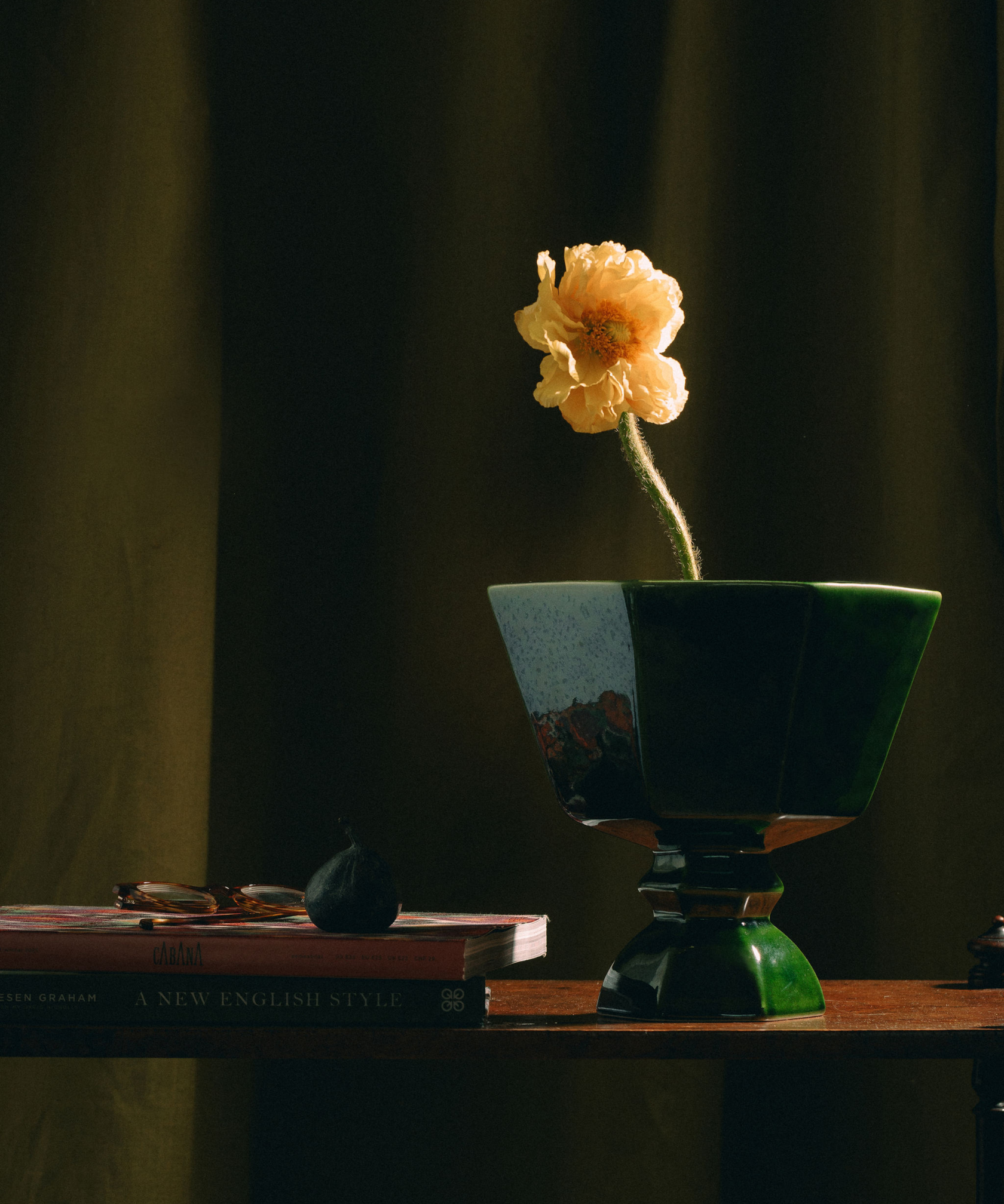 Vera Urn, Green, Lifestyle, with Bronze Fig