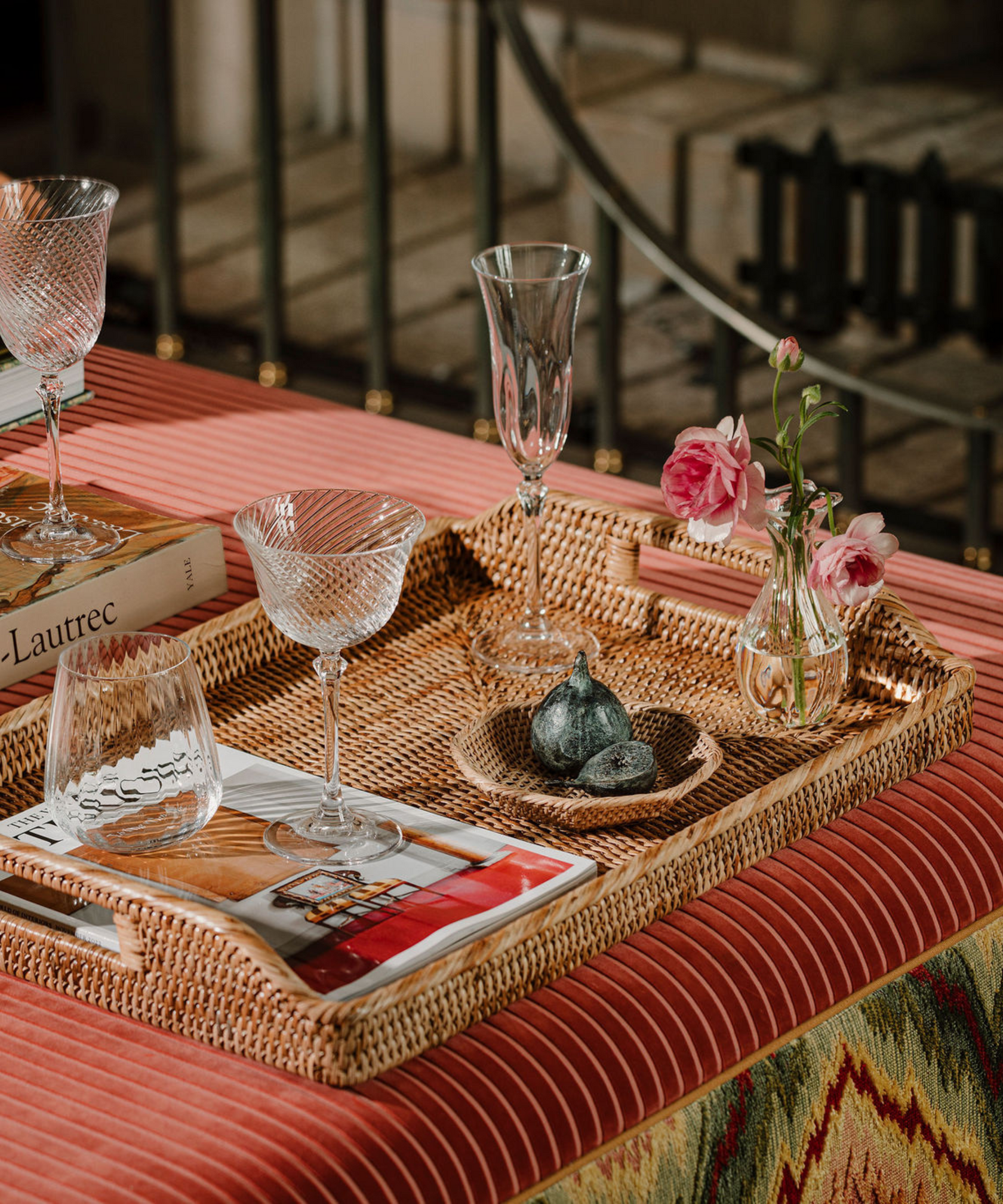 Rebecca Udall, Rattan Handwoven Wicker Serving Tray with the Pormarus Figs